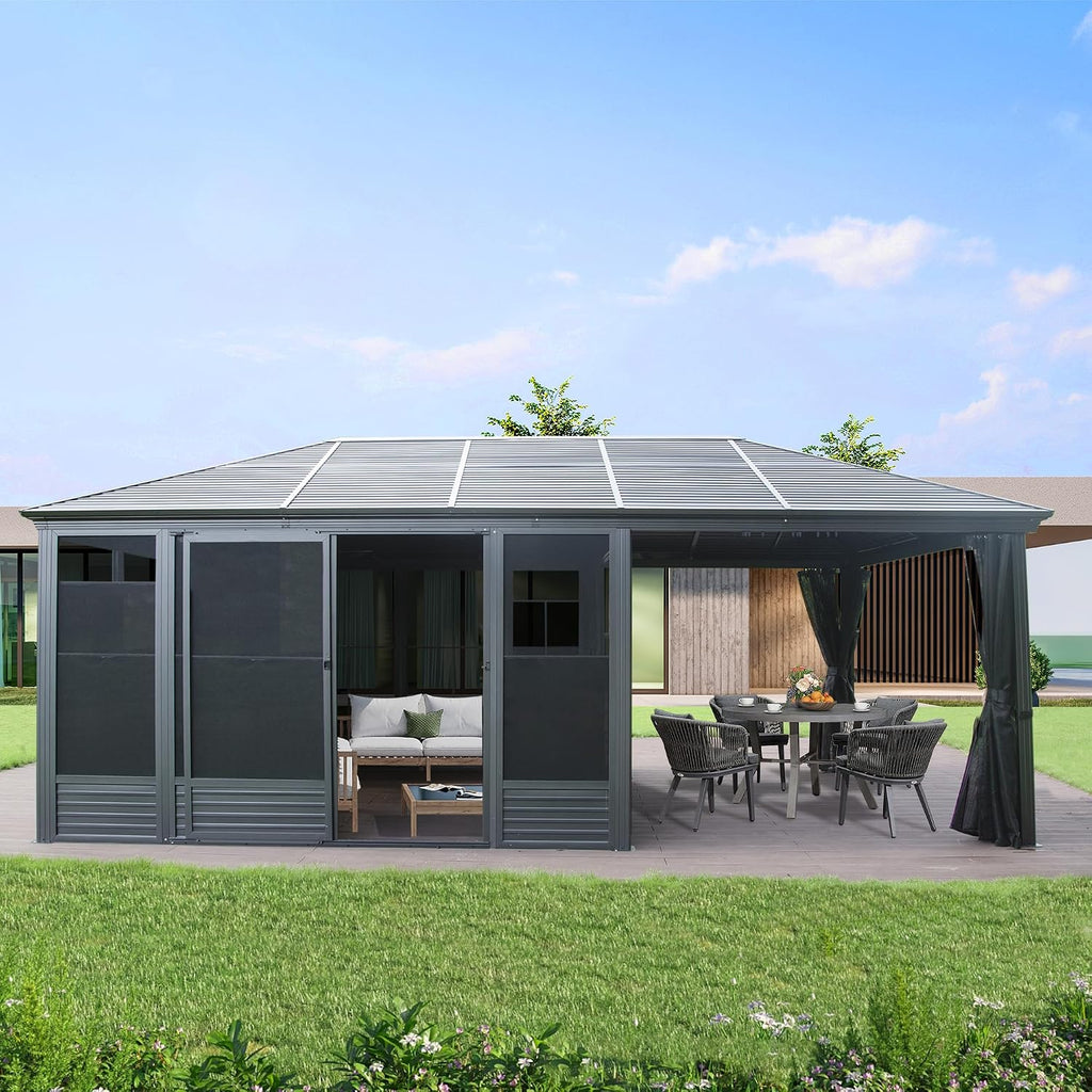 Domi 11x21FT Extended Outdoor Sunroom Kit, 4 Season Patio Solarium, Prefab Sunroom Kit with Aluminum Frame, Permanent Enclosed Gazebo with Curtains & Netting, 2 Sliding Doors, Movable PVC Windows