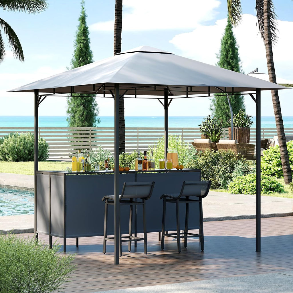 Tangkula 3 Piece Patio Bar Set, 8x8 FT Double-Tier Grill Gazebo with 2 Bar Stools, Tempered Glass Top, Metal Storage Shelf, Glass Holders, Outdoor Shelter for BBQ Party Poolside Garden (Grey)