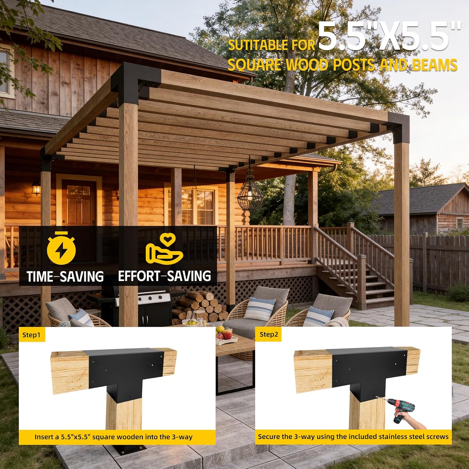 3-Way T-Shaped Pergola Brackets Kit,DIY Woodwork Brackets for 6' x 6' (Actual:5.5' x 5.5') Lumber for Patio Pergolas,Gazebos,Log Cabin W/Hardware - 2Pack