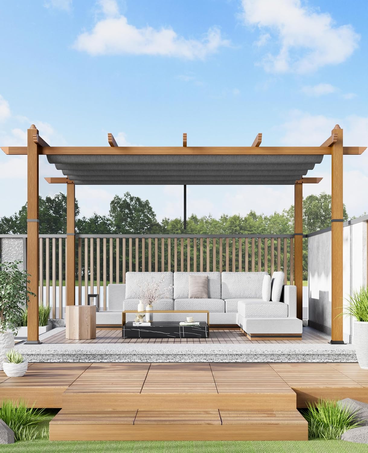 Garvee 10x13 ft Outdoor Pergola with Retractable Canopy – Upgraded Aluminum Faux Wood Grain Metal Patio Pergola for Modern Backyard Deck, Porch, Grape Trellis in Grey