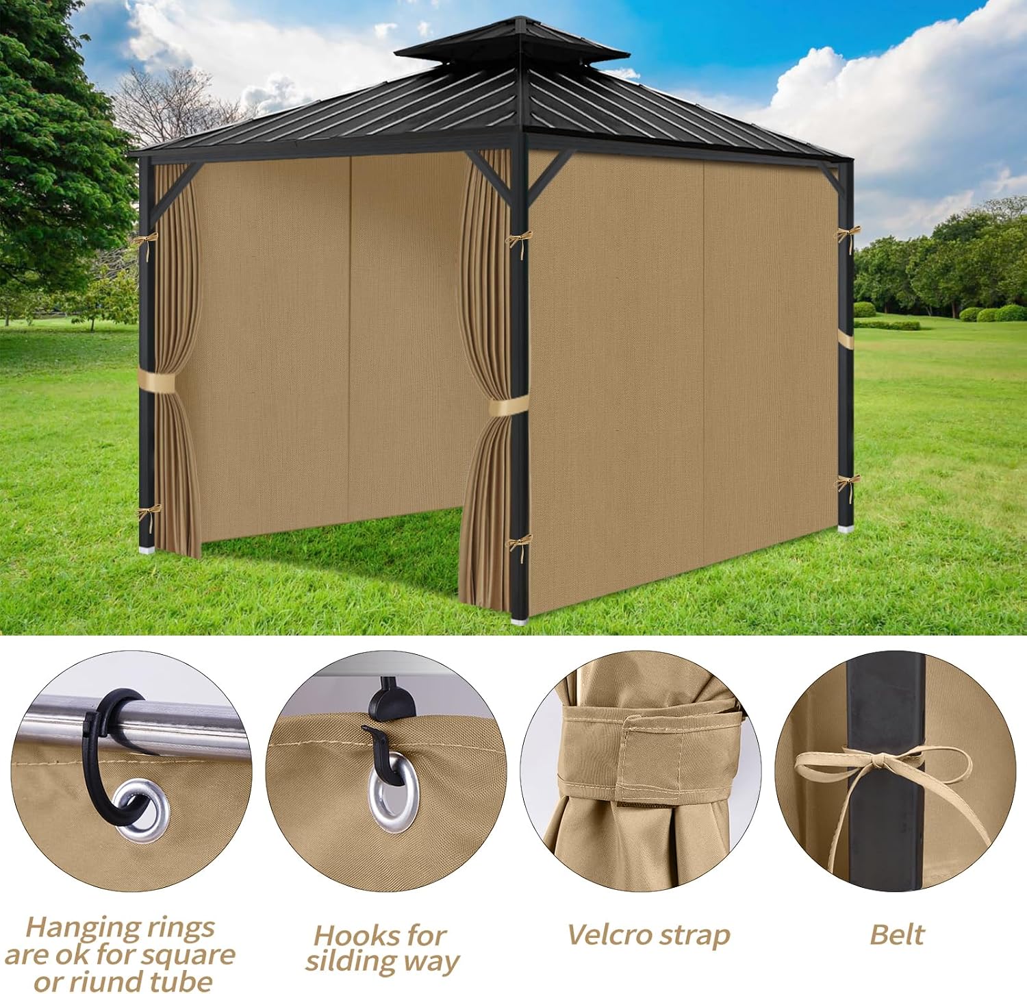 Gazebo Privacy Curtains 12' x 14' with Zipper 4-Panels Side Wall Universal Replacement for Patio, Outdoor Canopy, Garden and Backyard (Curtain Only)