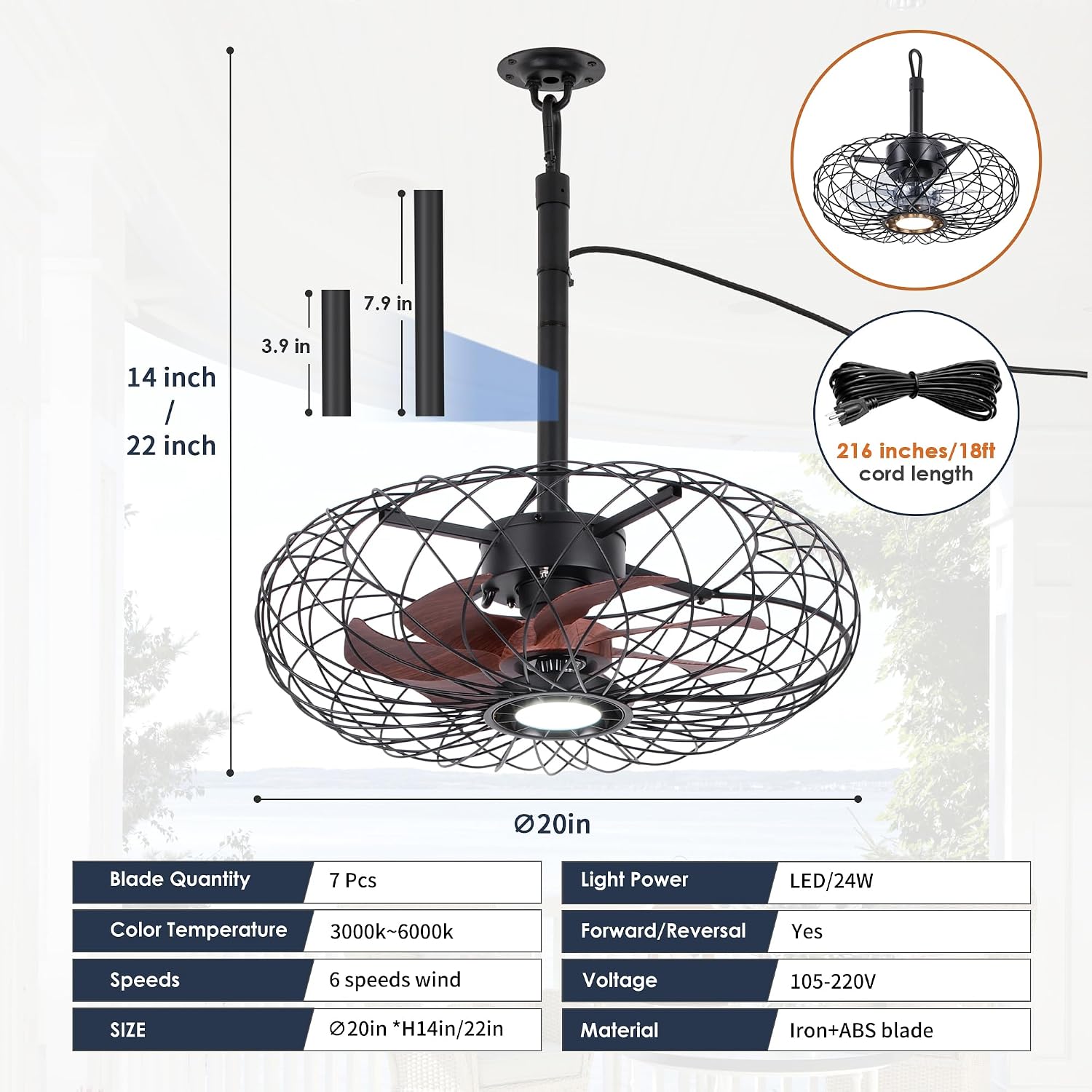 Miuyhji Black Outdoor Ceiling Fans with LED Light, 20' Waterproof Gazebo Fan Plug in Caged Industrial Fandelier Ceiling Fan with Remote, 6 Speeds Adjustable Height Fan for Bedroom Living Room Pergola