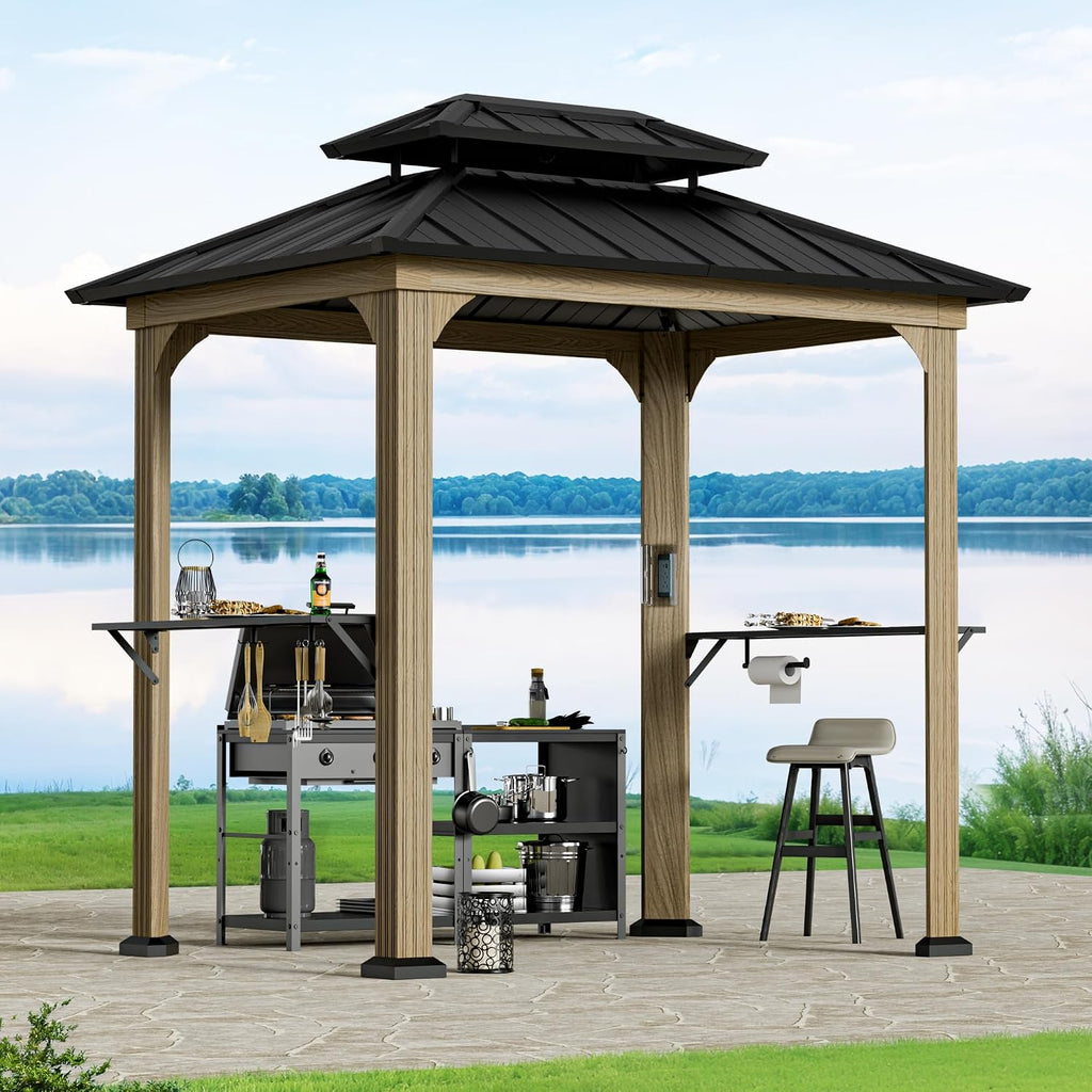 Big Leaf 6' x 8' Grill Gazebo with Aluminum Frame, Galvanized Steel Roof, Side Shelves, Paper Towel Holder, and USB/USB-C Charging Ports – Ideal BBQ Canopy for Patio，Wood-Looking