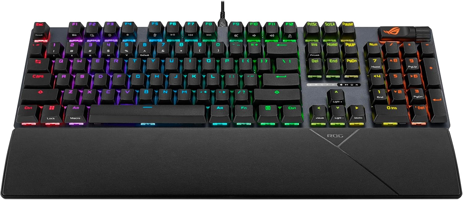 ASUS ROG Strix Scope II Gaming Keyboard, pre-lubed ROG NX Snow Linear Mechanical switches, Sound-dampening Foam, PBT doubleshot keycaps, Streaming hotkeys, Multi-Function Controls, Wrist Rest