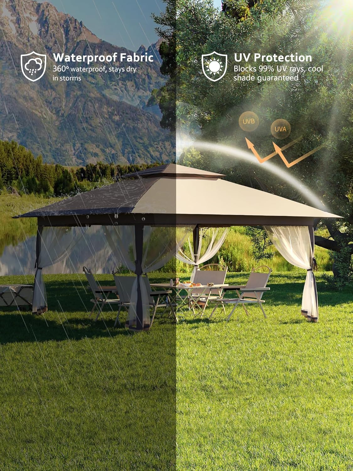 13x13ft Pop Up Gazebo, Outdoor Canopy Tent with Mosquito Netting, Heavy Duty Party Tent Shelter with Waterproof and Ultraviolet Double Roof for Backyard, Garden, Lawn and Deck (Khaki)
