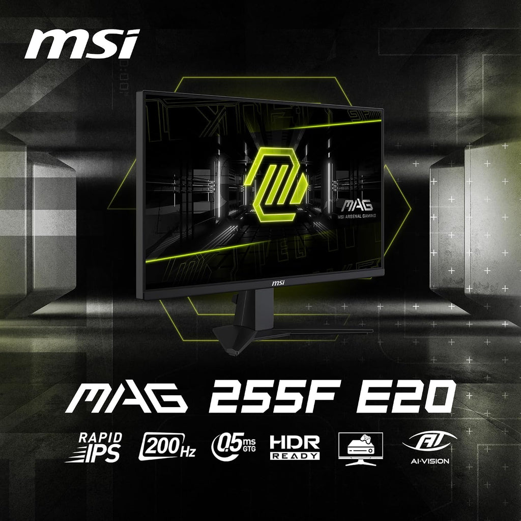 msi MAG 255F E20 25-inch 1920 x 1080 (FHD) Gaming Monitor, 200Hz, Adaptive Sync, HDMI, DisplayPort, VESA Mountable, Tilt, Height Adjustable, Speaker, 0.5ms, Black