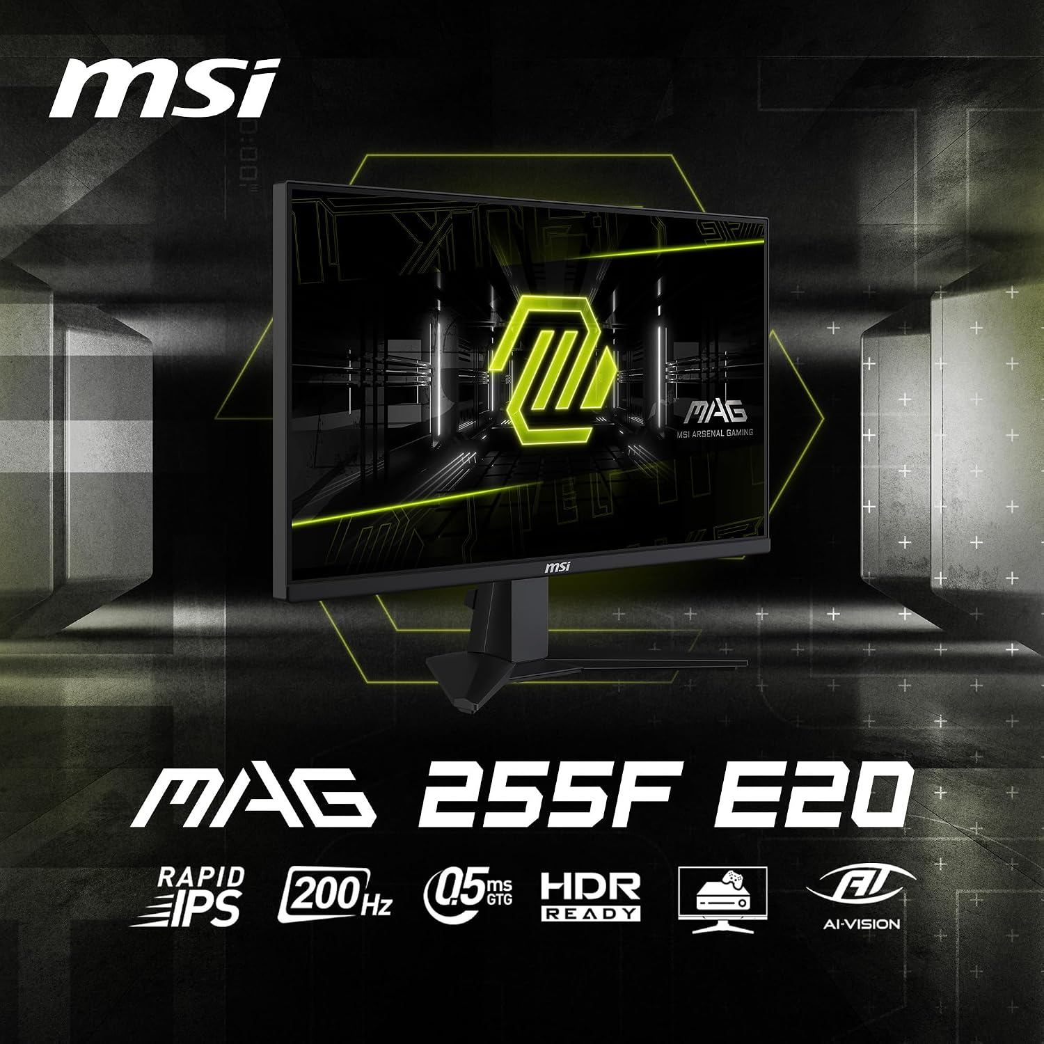 msi MAG 255F E20 25-inch 1920 x 1080 (FHD) Gaming Monitor, 200Hz, Adaptive Sync, HDMI, DisplayPort, VESA Mountable, Tilt, Height Adjustable, Speaker, 0.5ms, Black