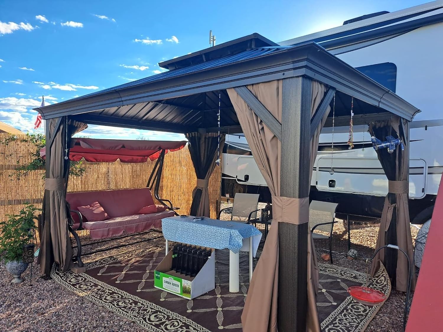 Domi 10x12 Outdoor Gazebo, Hardtop Gazebo with Aluminum Frame, Heavy Duty Pavilion Gazebo for Patio Deck Backyard, Curtain and Netting Included, Dark Brown