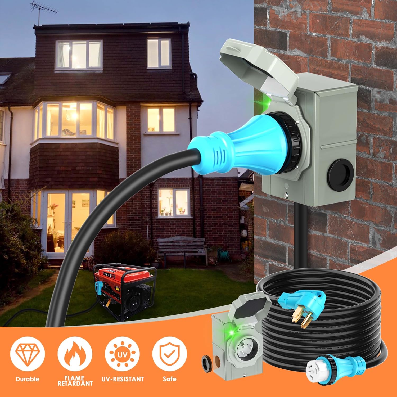 50 Amp 20 Feet Generator Cord and Power Inlet Box Combo Kit NEMA 14-50P Male to SS2-50R STW 6/3+8/1 AWG 125/250V Twist Locking with Inlet Box for Generator to House, UL Listed