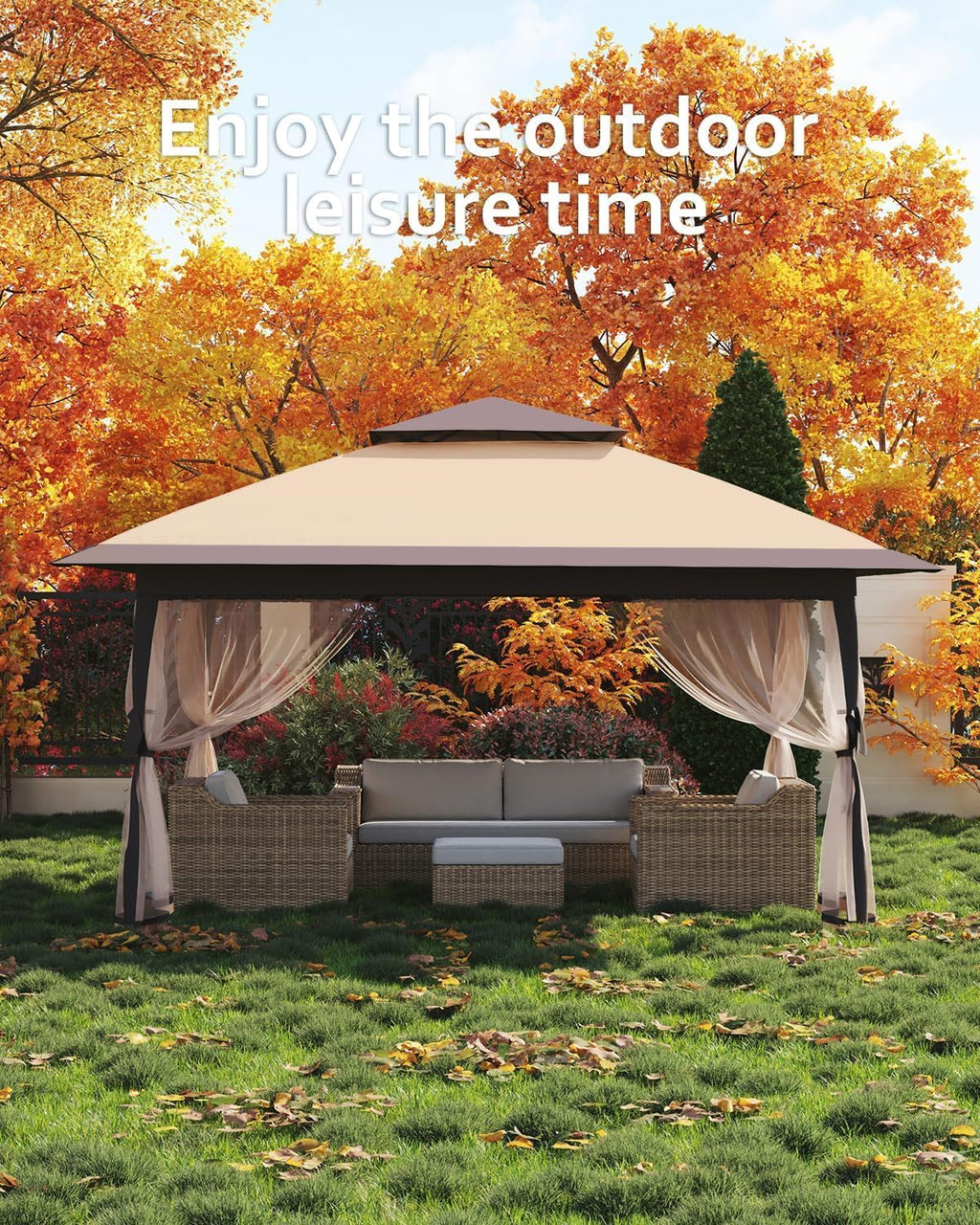 13x13ft Pop Up Gazebo, Outdoor Canopy Tent with Mosquito Netting, Heavy Duty Party Tent Shelter with Waterproof and Ultraviolet Double Roof for Backyard, Garden, Lawn and Deck (Khaki)