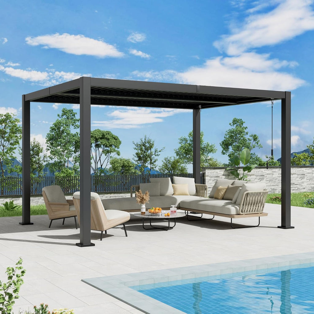 LVUYOYO 10' x 13' Outdoor Louvered Pergola, Metal Aluminum Pergola with Adjustable Roof, Waterproof Gazebo with for Patio, Backyard, Garden, Deck (Black)