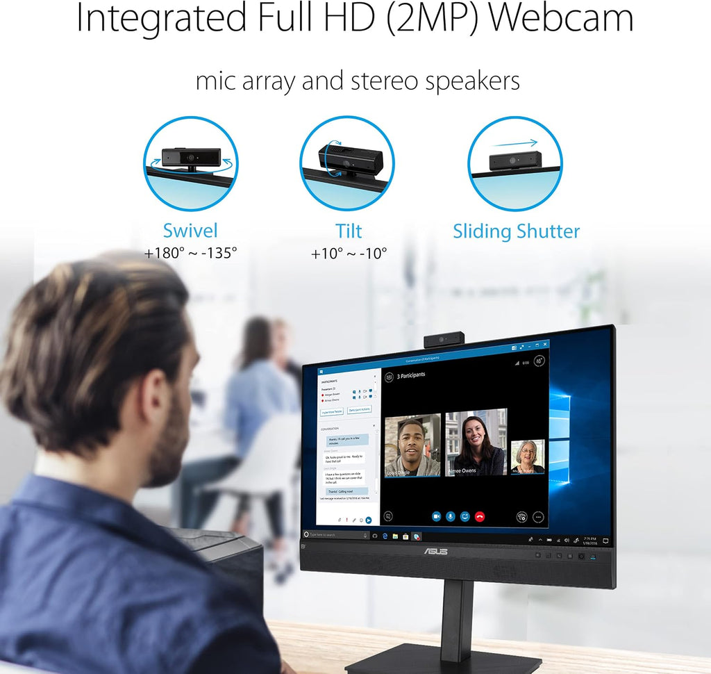 ASUS 24' 1080P Video Conferencing Monitor (BE24ECSNK) - Full HD, IPS, Built-in Adjustable 2MP Webcam, AI Noise-canceling Mic, Eye Care, USB-C Docking, RJ45, Height Adjustable, HDMI, Zoom Certified