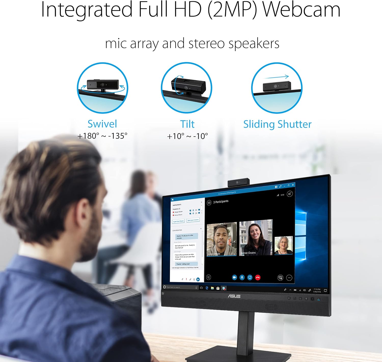 ASUS 24' 1080P Video Conferencing Monitor (BE24ECSNK) - Full HD, IPS, Built-in Adjustable 2MP Webcam, AI Noise-canceling Mic, Eye Care, USB-C Docking, RJ45, Height Adjustable, HDMI, Zoom Certified