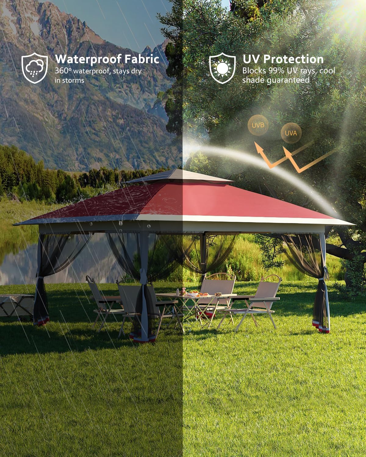 12x12FT Pop Up Gazebo, Instant Backyard Canopy Tent with Mosquito Net & Double Roof, Pop-Up Gazebo Canopies Adjustable Height for Patio, Party, Red