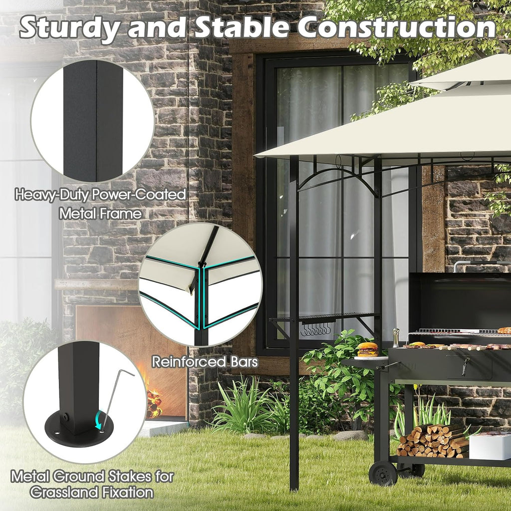 Tangkula 8x5 Ft Grill Gazebo, 2-Tier Barbecue Gazebo with 2 Shelves, 7 Hooks, Metal Frame, Outdoor Grill Canopy for Backyard Garden Poolside (Beige)