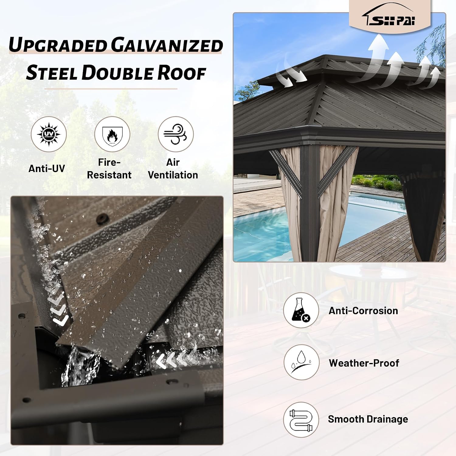 12' x 20' Outdoor Hardtop Gazebo with Gutters, Double Roof Galvanized Metal Gazebo for Backyard, Patio, Deck, Hot Tub, Heavy Duty Permanent Gazebos with Curtains and Netting -Brown