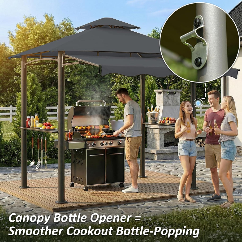 CHARMELEON 8x8 FT Grill Gazebo, Grill Canopy with Big Awning&2 Side Shelves&6 Hooks&Bottle Opener, Powder-Coated Steel BBQ Shelter for Patio Backyard Outdoor Grilling-Dark Gray