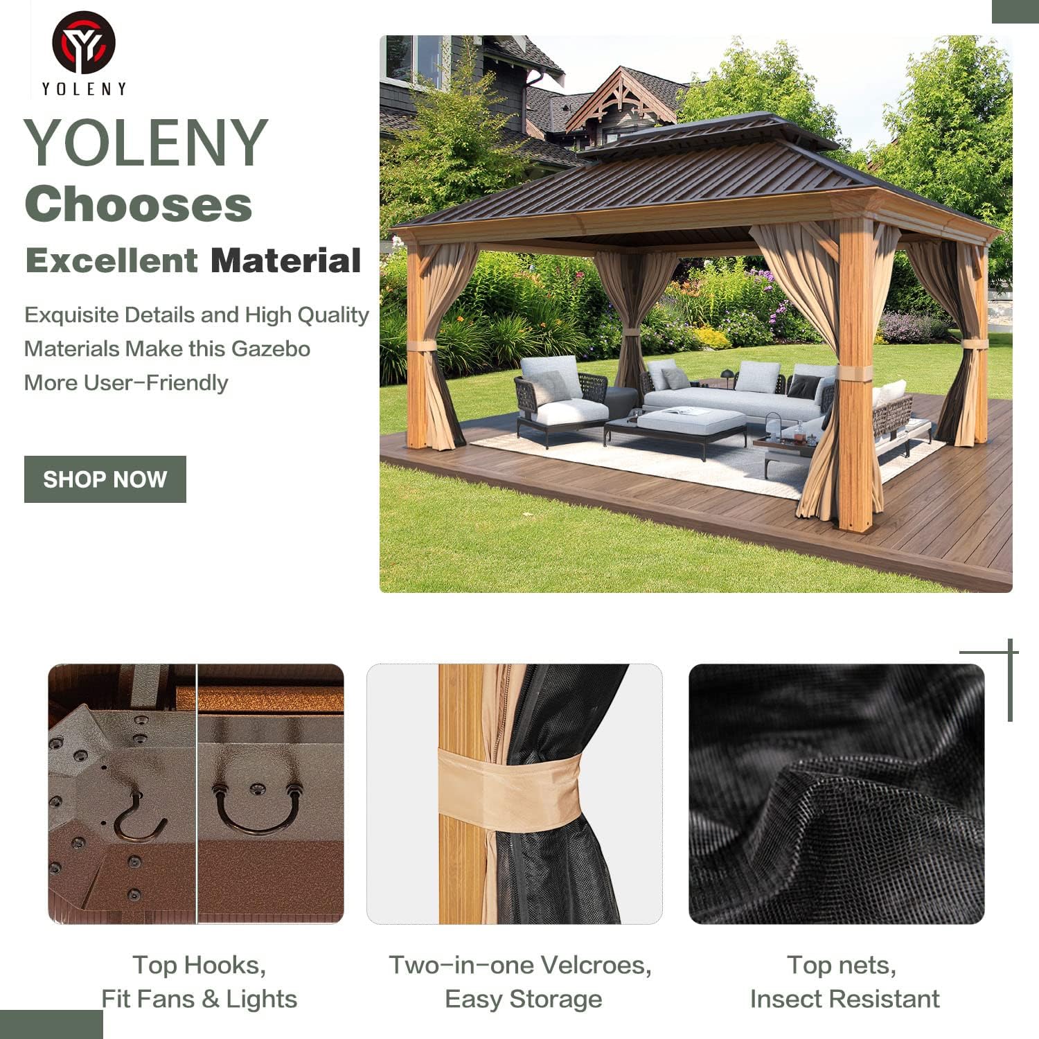 YOLENY 12' x 14' Hardtop Gazebo Wood Grain Aluminum Frame Gazebo, Outdoor Permanent Metal Pavilion with Netting and Curtains for Deck, Backyard, Patio, Lawns