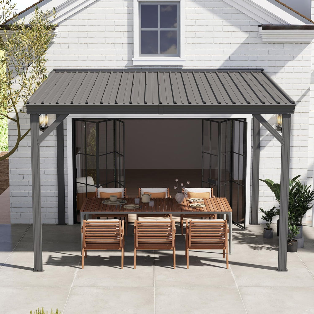 Domi 8'x10' Wall-Mounted Hardtop Gazebo Pergola – Permanent Lean-to Outdoor Shelter with Sloped Galvanized Steel Roof & Upgraded Drainage – Grey Metal Patio Cover for Backyard, Deck, Garden