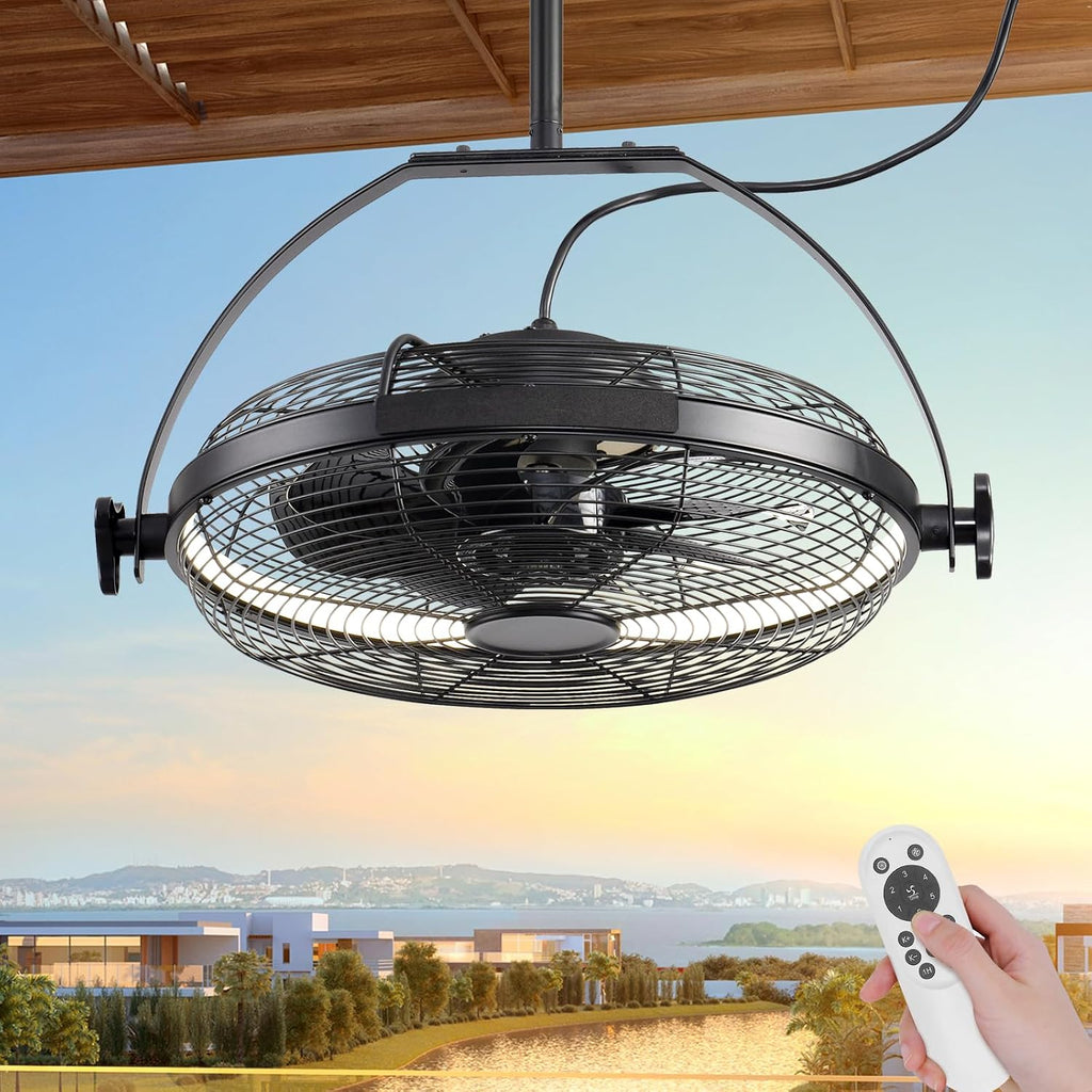 Gazebo Fans Outdoor Hanging Ceiling Fans with Lights,16' Portable Plug in Ceiling Fan,Multi-Angle Adjustable Floor Fans,Black Outdoor Ceiling Fans for Patios.