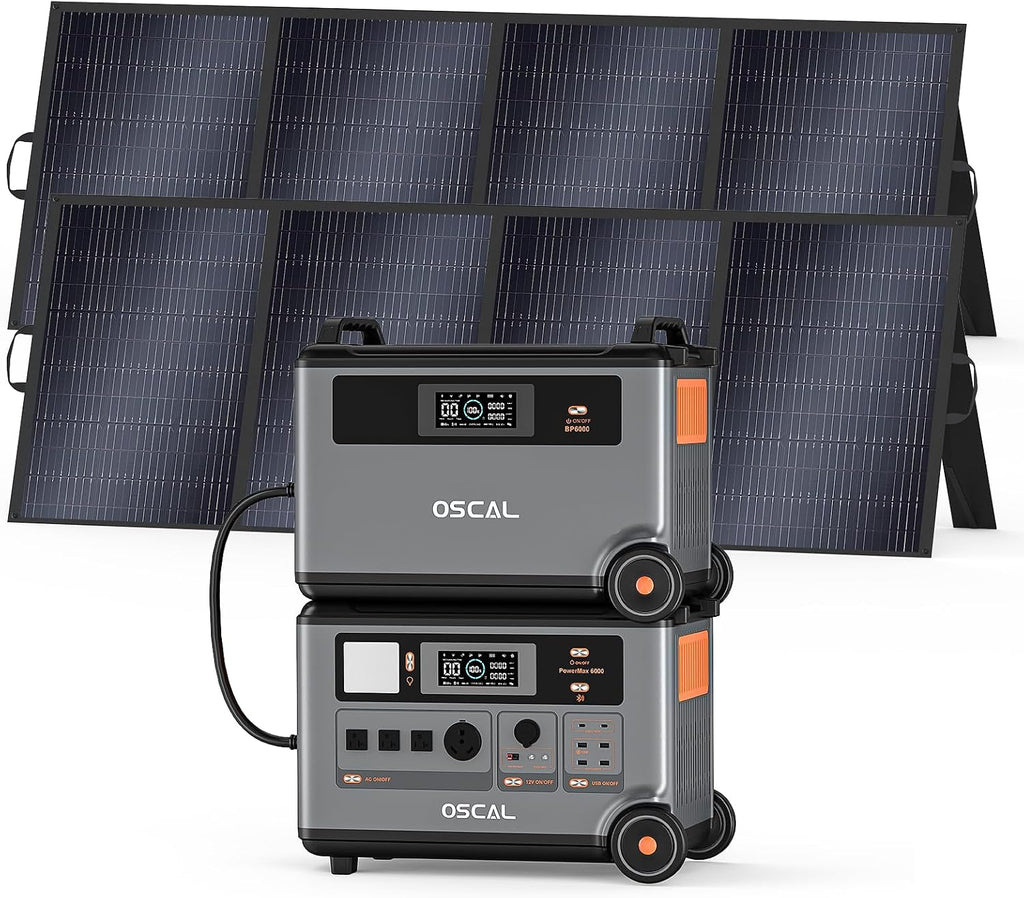 OSCAL 7200Wh Portable Power Station PowerMax 6000 with 2x400W Solar Panel, 120/240V Solar Generator, Max 6000W AC Outlets (9000W Peak), LiFePO4 Battery Power Station for Home, Camping, RV, Emergency