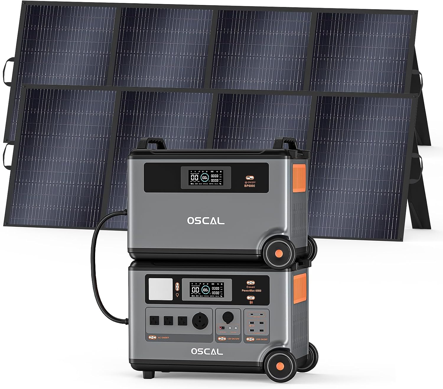 OSCAL 7200Wh Portable Power Station PowerMax 6000 with 2x400W Solar Panel, 120/240V Solar Generator, Max 6000W AC Outlets (9000W Peak), LiFePO4 Battery Power Station for Home, Camping, RV, Emergency
