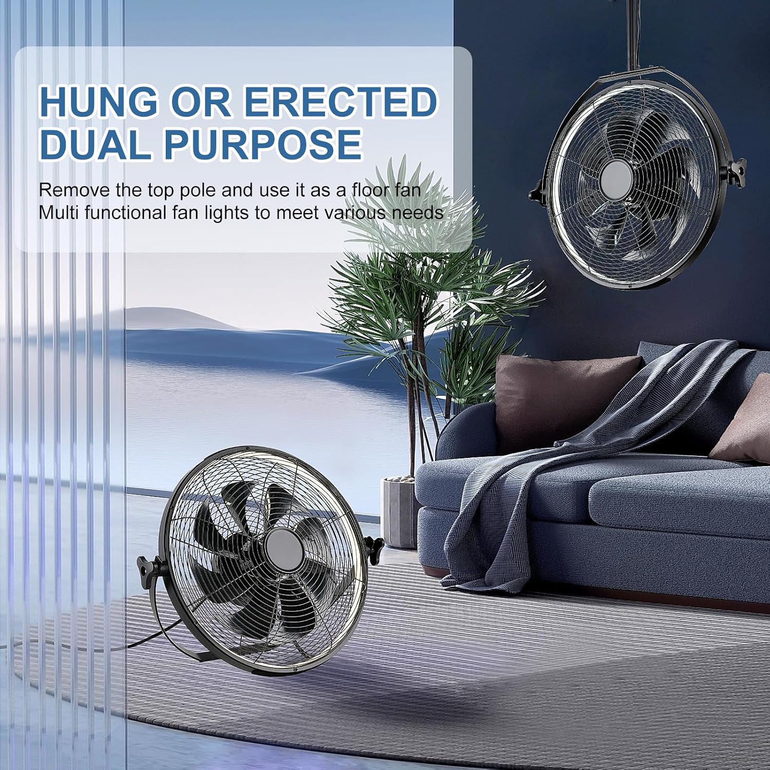 Gazebo Fans Outdoor Hanging Ceiling Fans with Lights,16' Portable Plug in Ceiling Fan,Multi-Angle Adjustable Floor Fans,Black Outdoor Ceiling Fans for Patios.