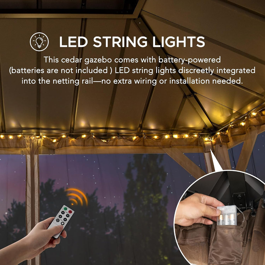 SUNJOY 10x12 Hardtop Wood Gazebo with Galvanized Steel Roof, LED String Lights & Mosquito Netting, Outdoor Permanent Pavilion Cedar Gazebo for Backyard, Garden, Patio, Deck, Lawn