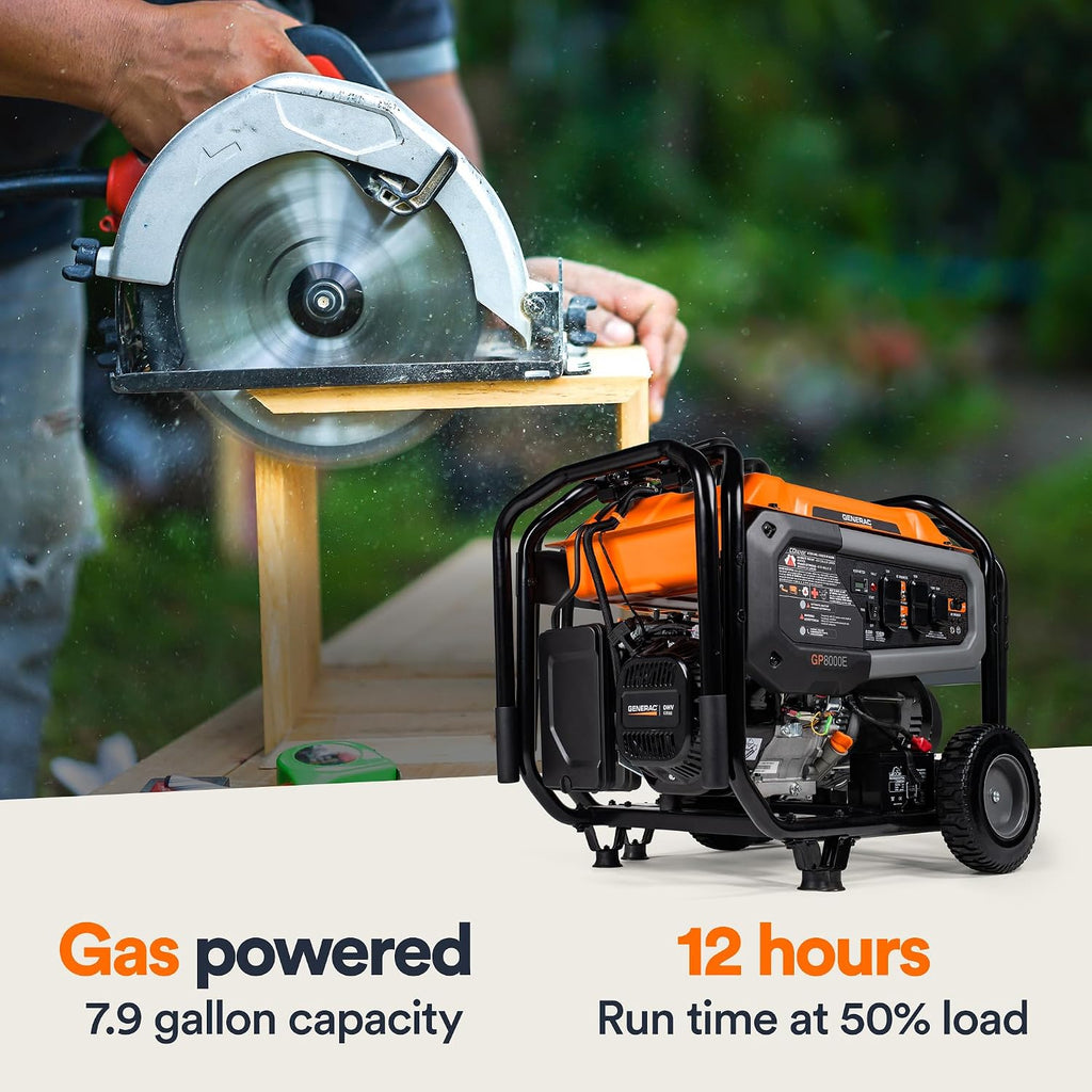Generac 8,000-Watt Gas-Powered Portable Generator - COsense Technology - Powerrush Advanced Technology - Power for Emergencies and Recreation - Electric Start - Orange/Black - 50 State Compliant