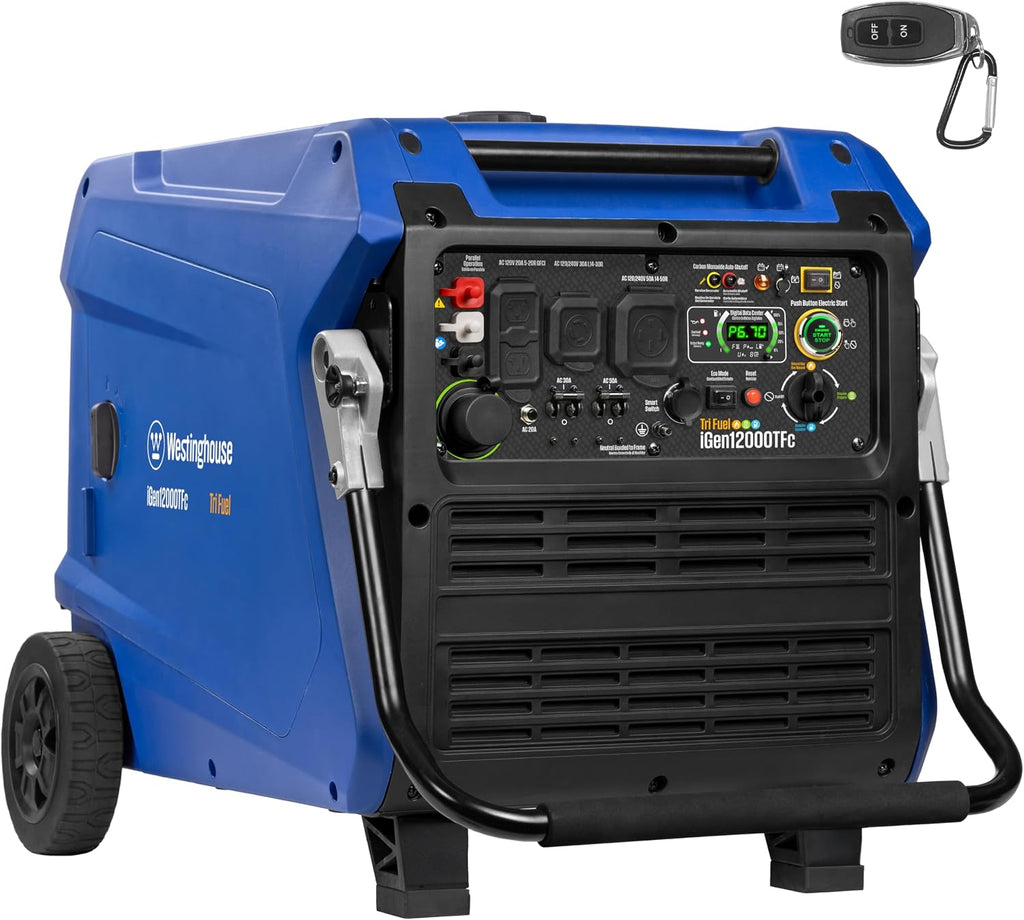 Westinghouse 12000 Peak Watt Tri-Fuel Portable Inverter Generator, Remote Start, Transfer Switch Ready, Gas/Propane/Natural Gas Powered, Low THD, Safe for Electronics, Parallel Capable, CO Sensor