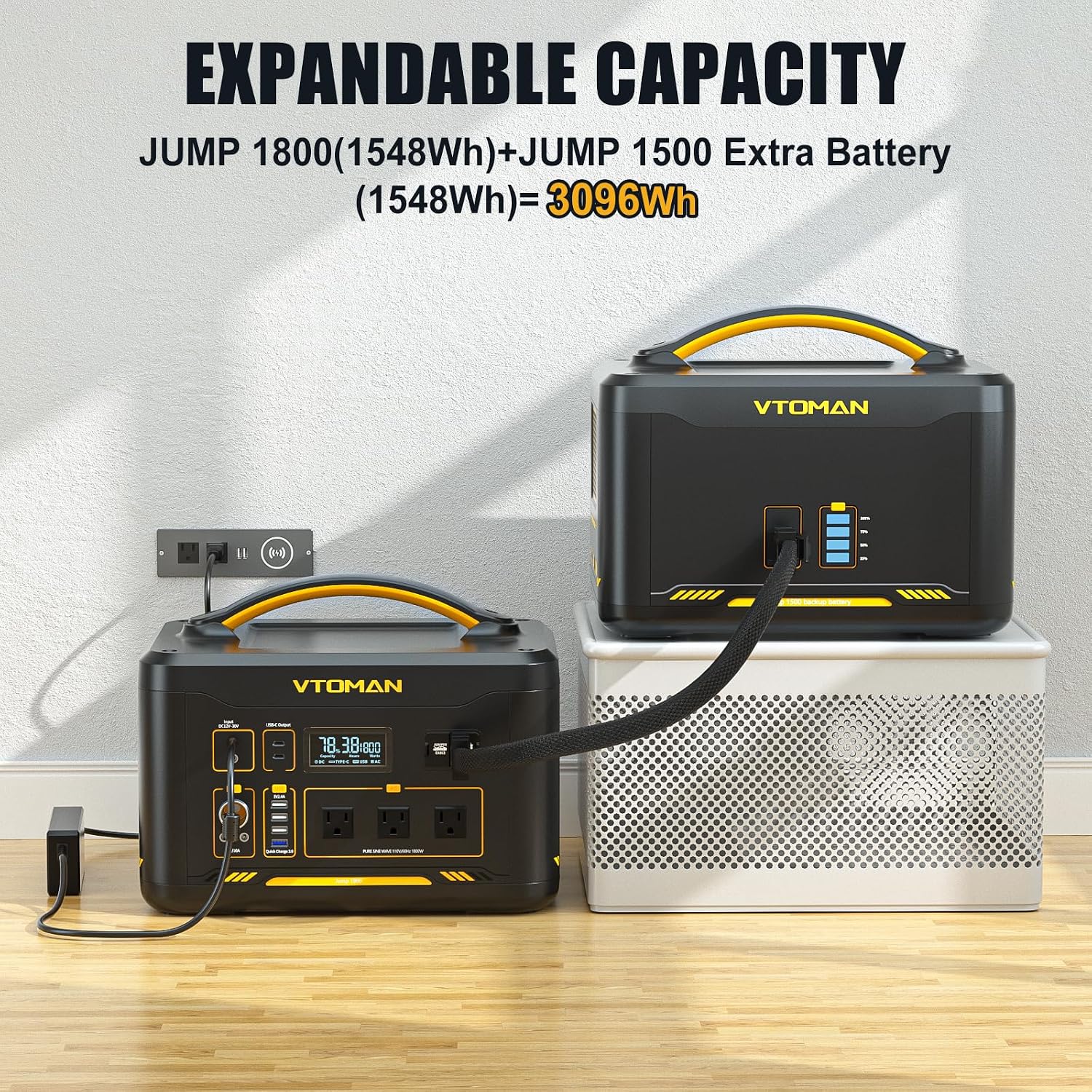 Vtoman 3096Wh Solar Generator with Extra Battery Included, 1800W (Peak 3600W) LiFePO4 Battery Power Station for Power Outages, RV, Camping, Emergencies