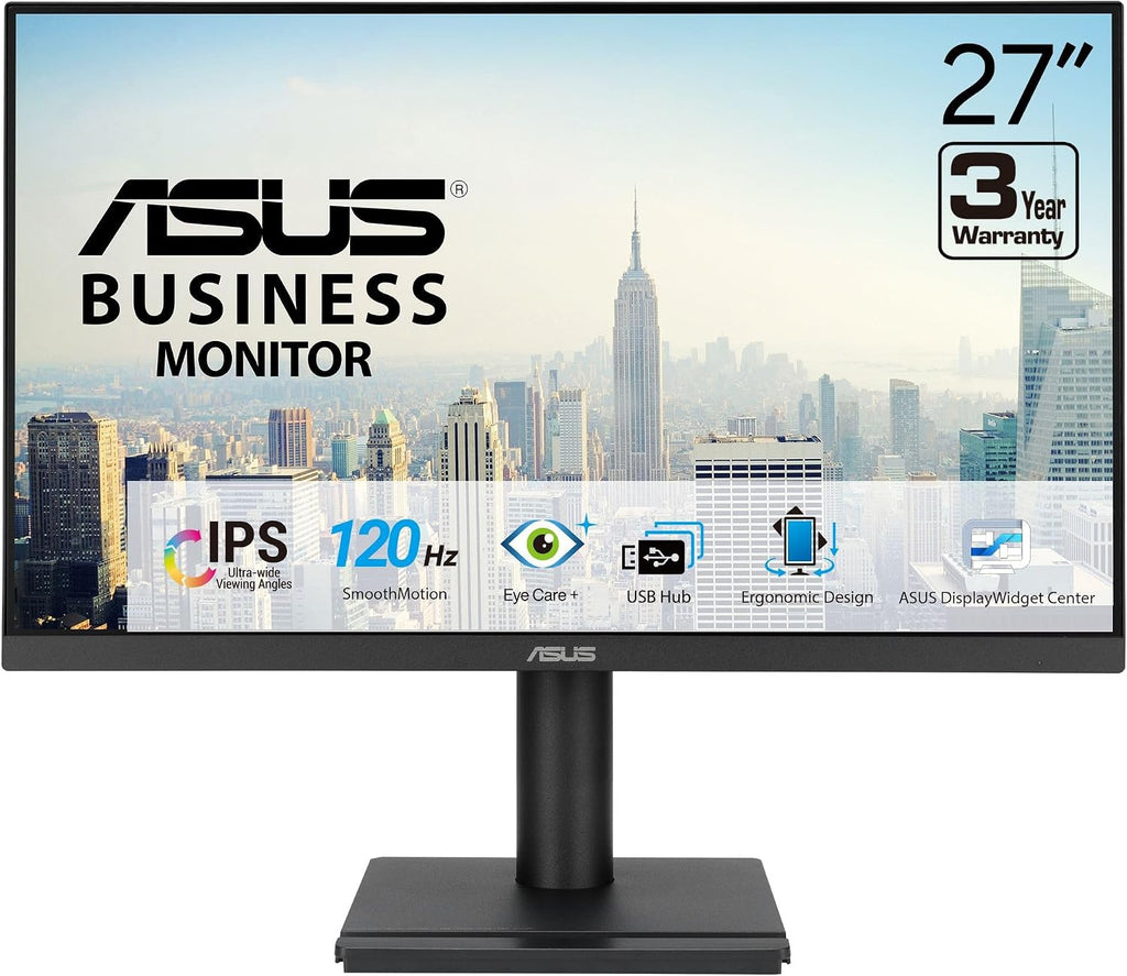 ASUS 27' 1080P Business Monitor (VA279QGS) – IPS, Full HD, Frameless, 120Hz, Adaptive-Sync, 1ms, HDMI, DisplayPort, VGA, Eye Care, Low Blue Light, Ergonomic, VESA Wall Mountable, 3 yr Warranty