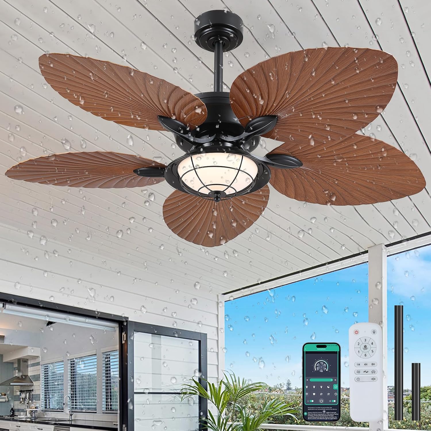 PHORUS 52' Waterproof Outdoor Palm Leaf Ceiling Fans with Lights and Remote,Wet Rated Tropical Ceiling Fans for Patios Porch Gazebo Pergola