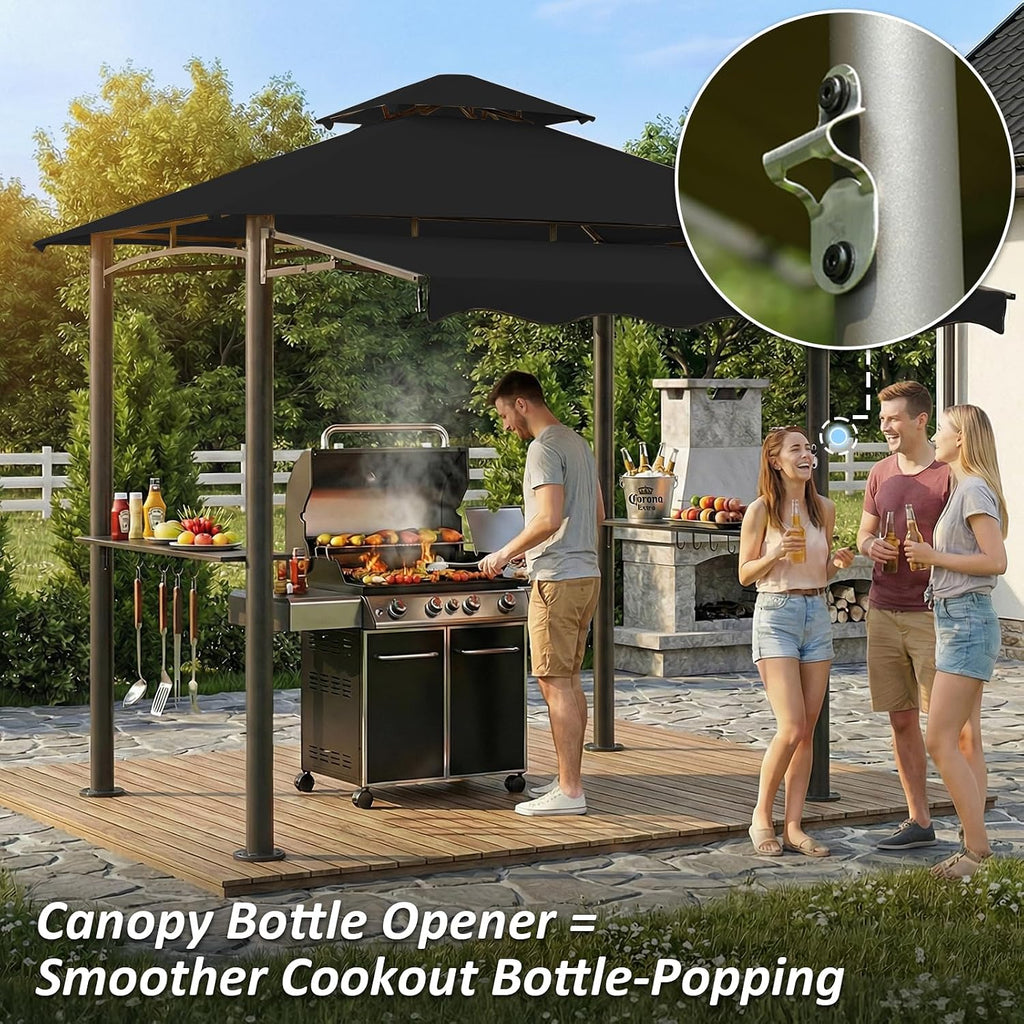 CHARMELEON 8x8 FT Grill Gazebo, Grill Canopy with Big Awning&2 Side Shelves&6 Hooks&Bottle Opener, Powder-Coated Steel BBQ Shelter for Patio Backyard Outdoor Grilling-Black