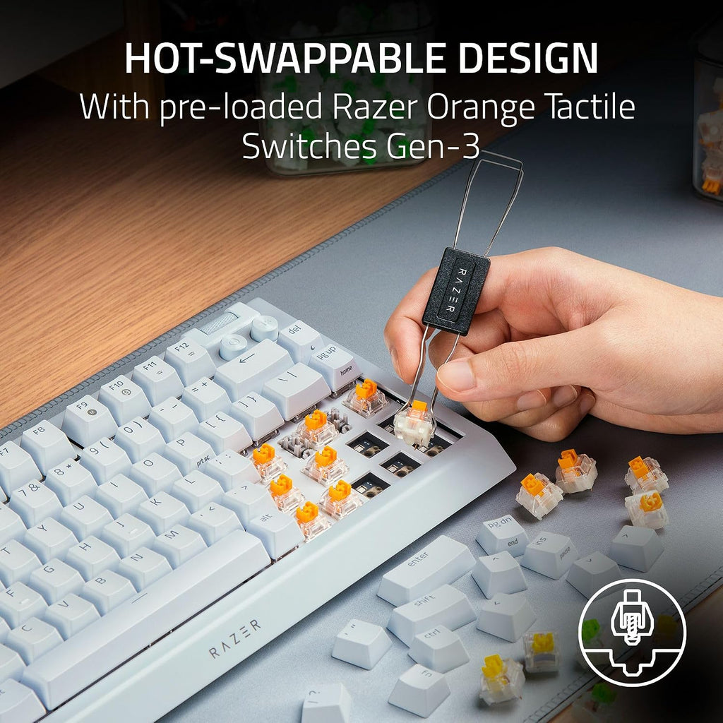 Razer BlackWidow V4 75% Mechanical Gaming Keyboard: Hot Swappable Design - Compact & Durable - Orange Tactile Switches - Chroma RGB - Roller & Media Keys - Wrist Rest - Snap Tap - White
