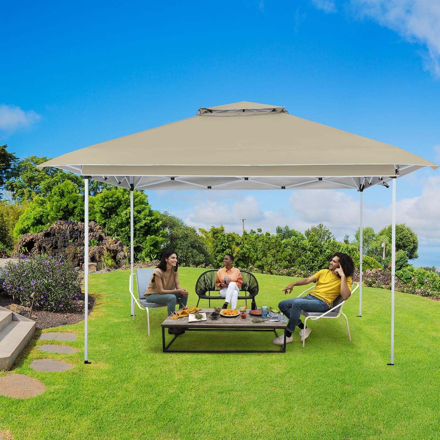 ECOTOUGE 12FT Pop Up Canopy Tent, Instant Shelter Gazebo, Carrying Roller Bag, Waterproof & UV Resistant Party Tent for Patio, Grill and Backyard Furniture, Khaki