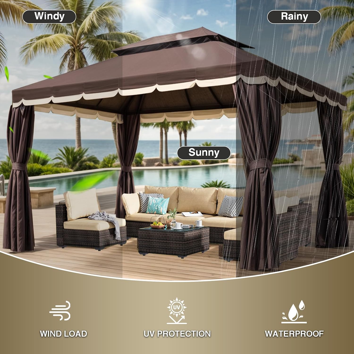 Gazebo for Patio, Outdoor 10x13 Gazebo Canopy Tent with Mosquito Netting & Curtains, Party Tent Shelter with Waterproof Double Vented Roof for Garden, Deck, Backyard, Lawn (Brown)