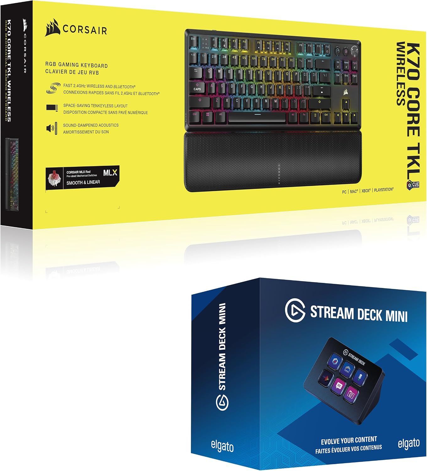 Corsair K70 CORE TKL Wireless + Elgato Stream Deck Mini Bundle - Mechanical Tenkeyless Gaming Keyboard with Studio Controller for Zoom, Teams, PowerPoint, MS Office etc, Compatible with PC/Mac