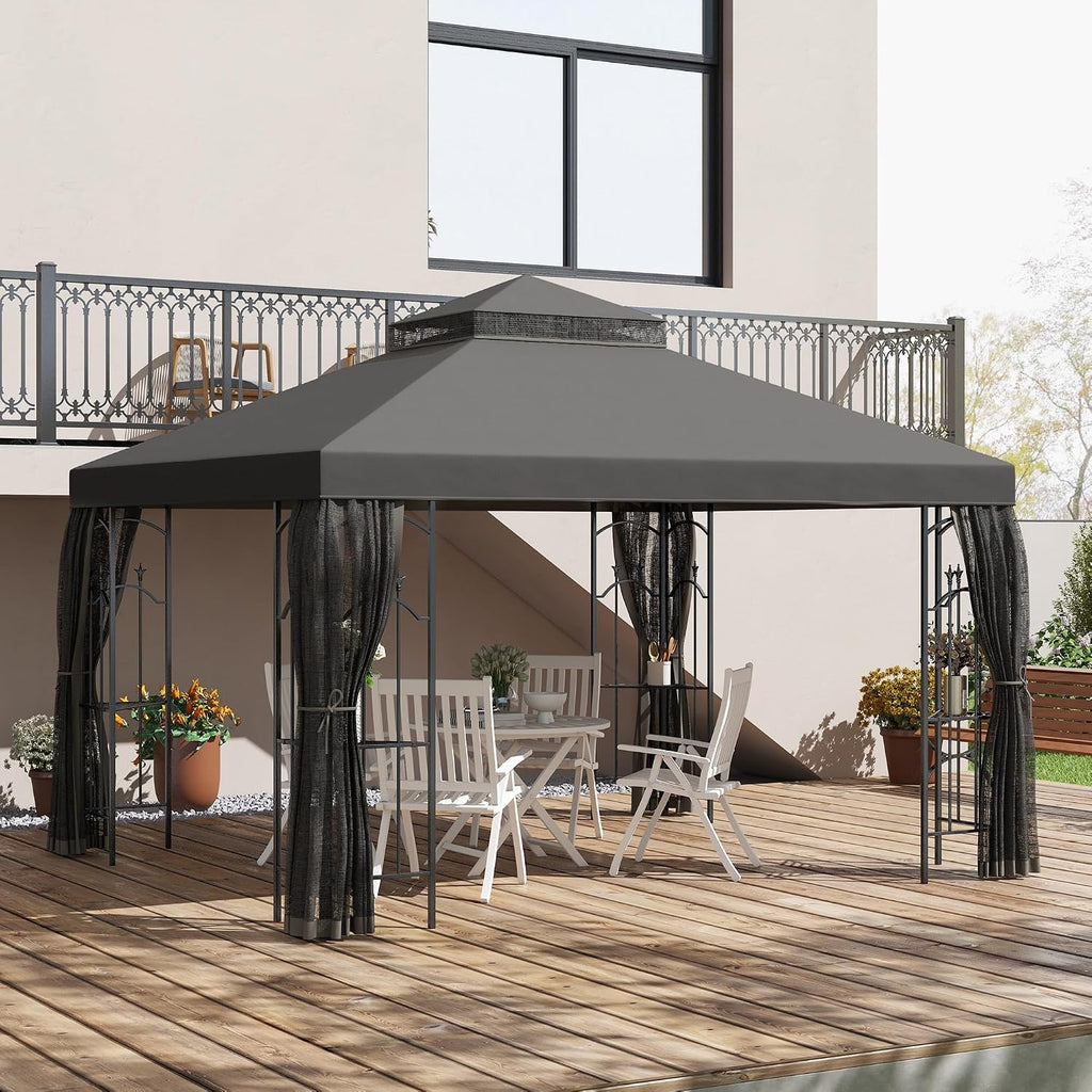 Outsunny 10' x 12' Patio Gazebo with Corner Frame Shelves, Double Roof Outdoor Gazebo Canopy Shelter with Netting for Patio, Wedding, Catering & Events, Gray