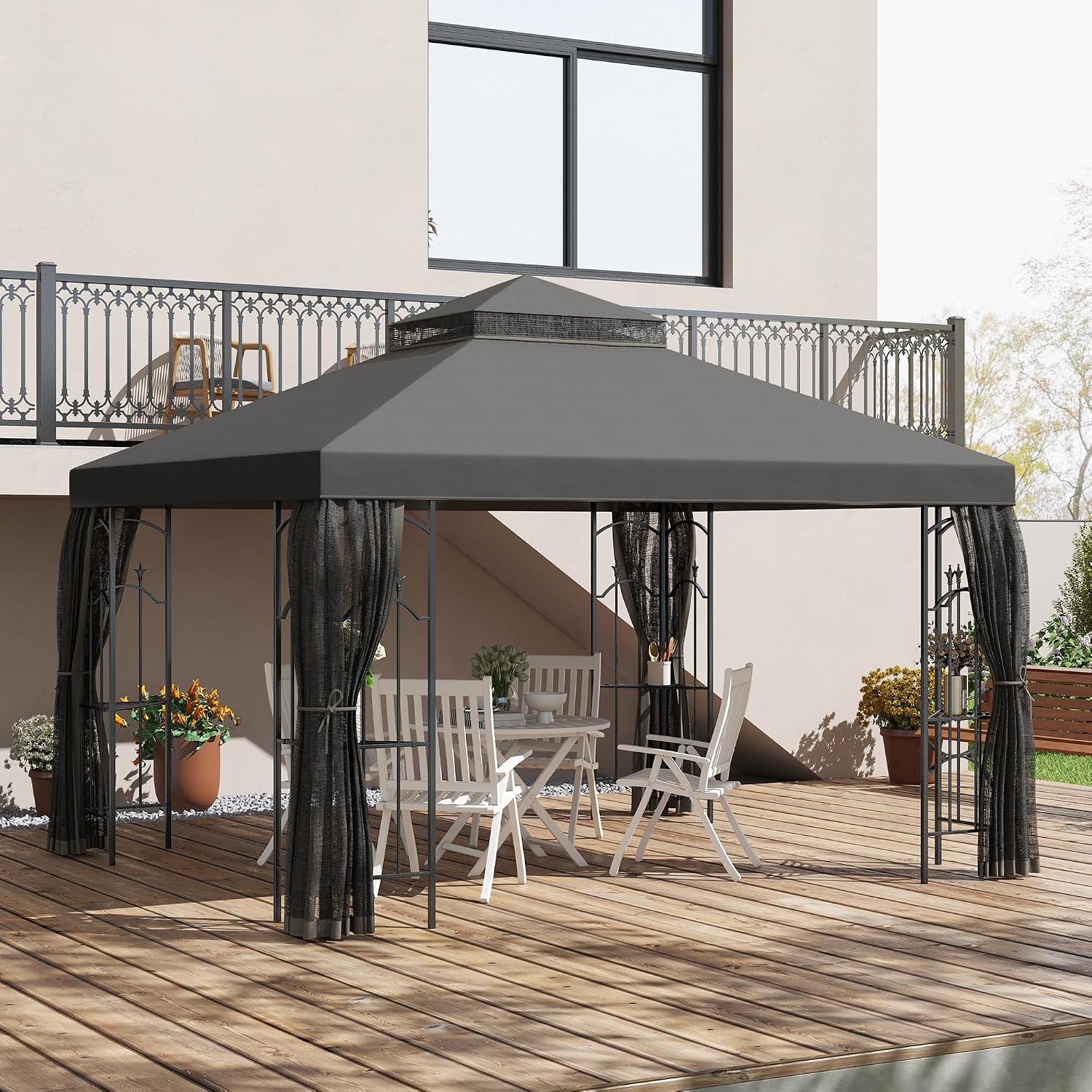 Outsunny 10' x 12' Patio Gazebo with Corner Frame Shelves, Double Roof Outdoor Gazebo Canopy Shelter with Netting for Patio, Wedding, Catering & Events, Gray