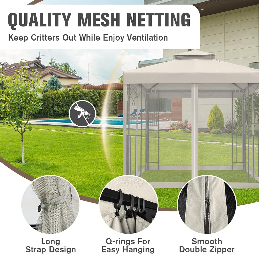 COOS BAY 8x8 Patio Gazebo with Corner Shelves, Two Tier Soft Top Canopy with Mesh Netting for Backyard, Garden, Lawn, Outdoor Events, Beige