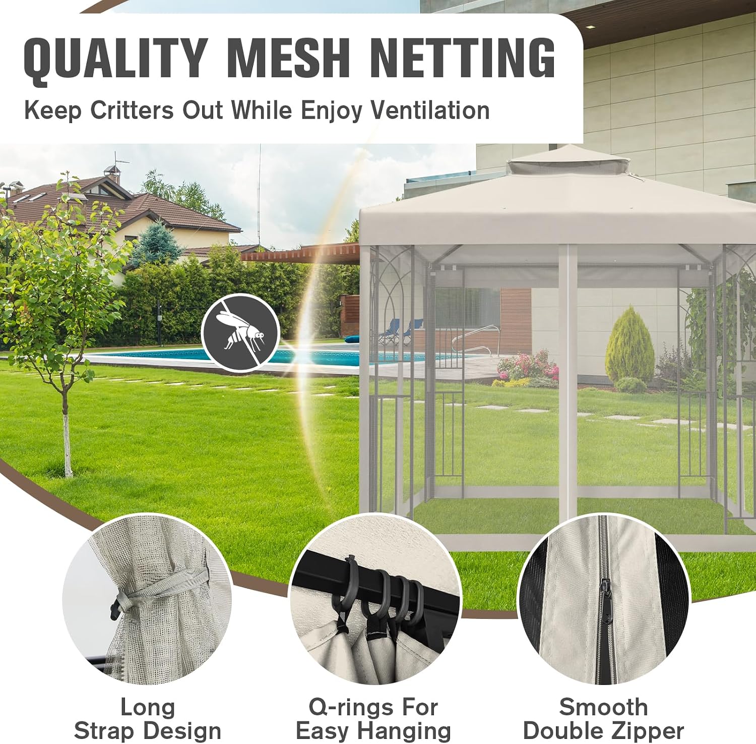 COOS BAY 8x8 Patio Gazebo with Corner Shelves, Two Tier Soft Top Canopy with Mesh Netting for Backyard, Garden, Lawn, Outdoor Events, Beige
