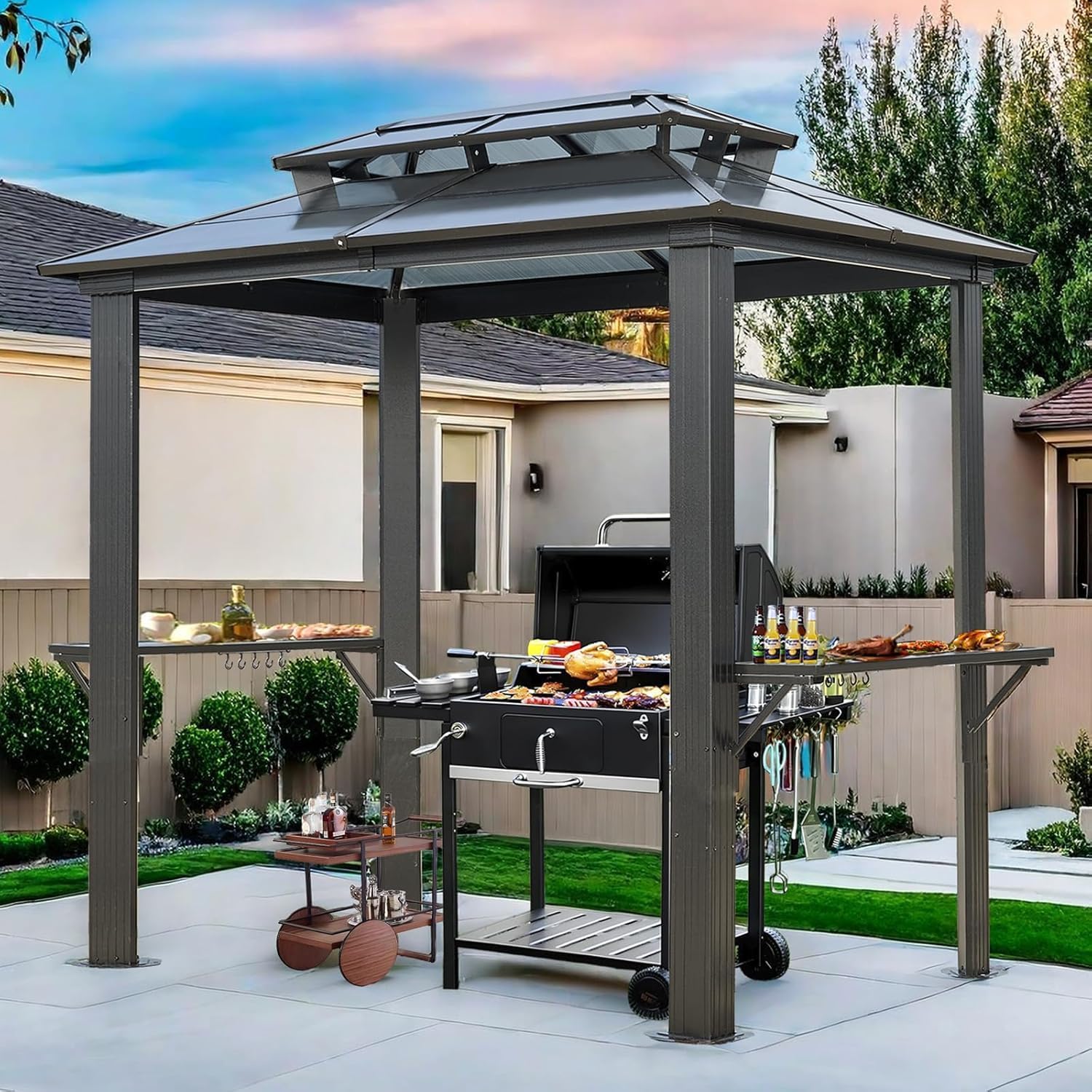 Endark Grill Gazebo 8x5FT, BBQ Gazebo with Two Metal Shelves, Aluminum Frame, Outdoor Grill Canopy with Double Polycarbonate Roof for Lawn Patio, Garden, Backyard
