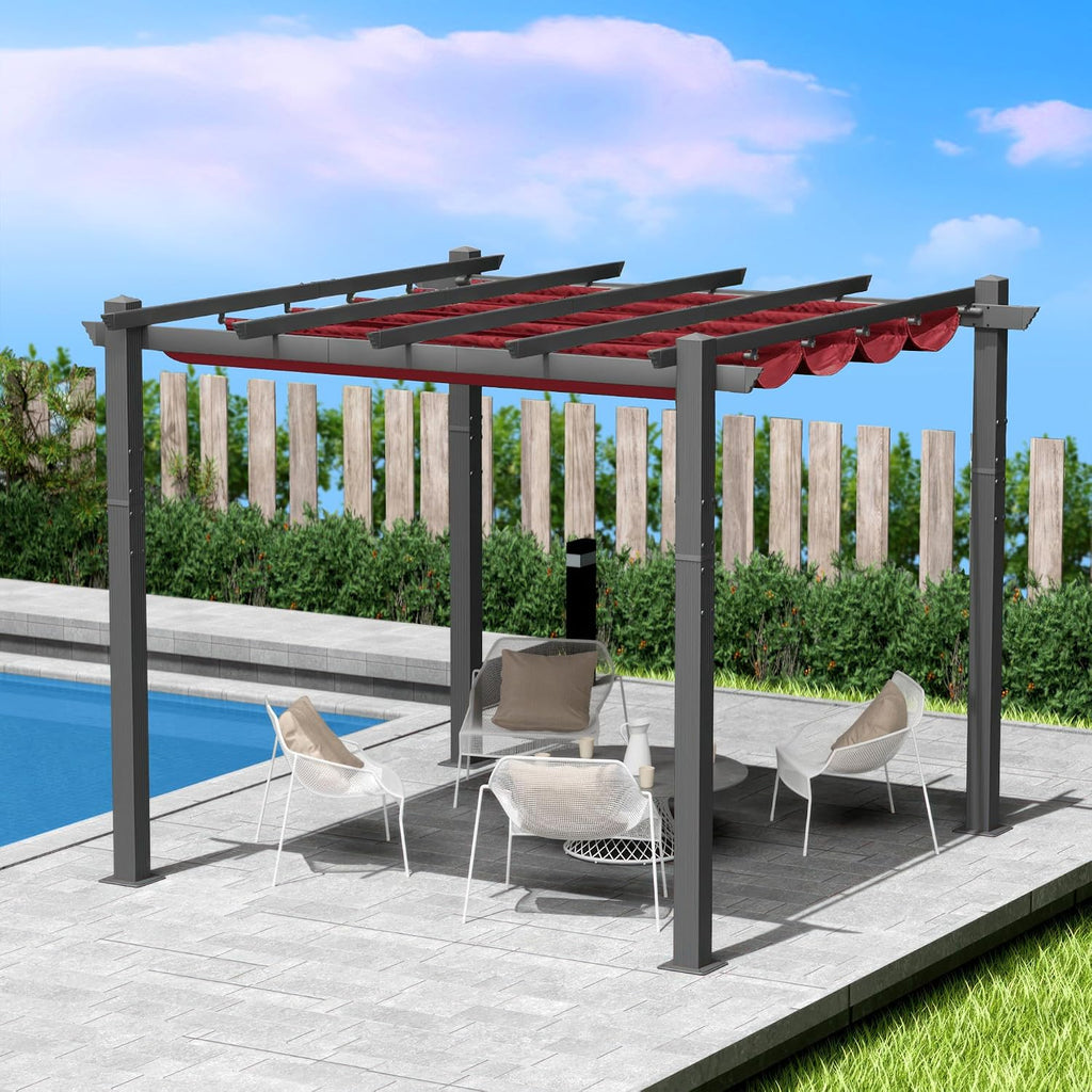 Kozyard Morgan Outdoor Retractable Pergola with Sun Shade Canopy Patio Aluminum Pergola Shelter for Backyard Deck Garden Modern Metal Grill Gazebo (10' x 10', Burgundy)
