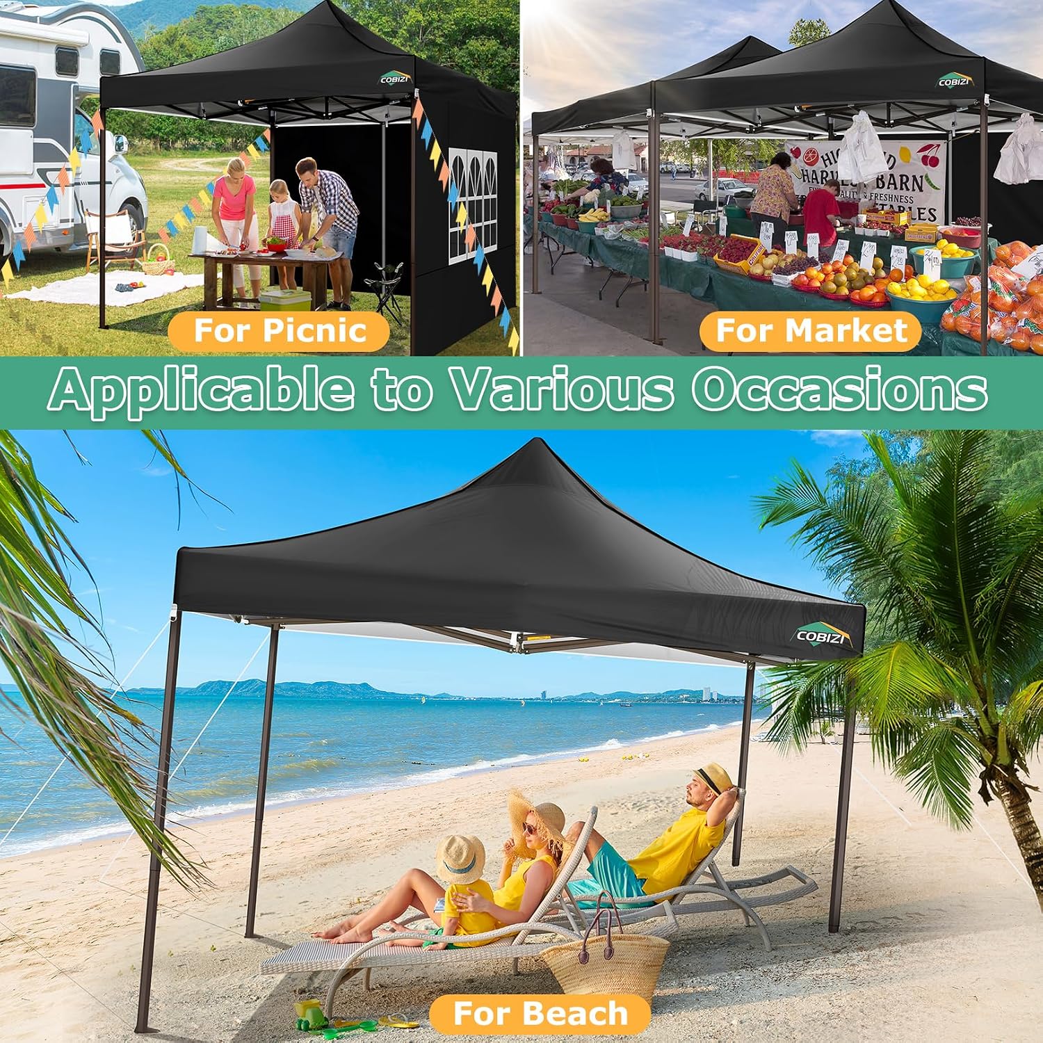 COBIZI 10x10 Pop Up Heavy Duty Canopy with 4 Sidewalls and Hexagonal Legs, Easy up Tent for Events, Parties, Camping, Outdoor Canopy with Portable Bag, Waterproof & UPF50+ (Black)
