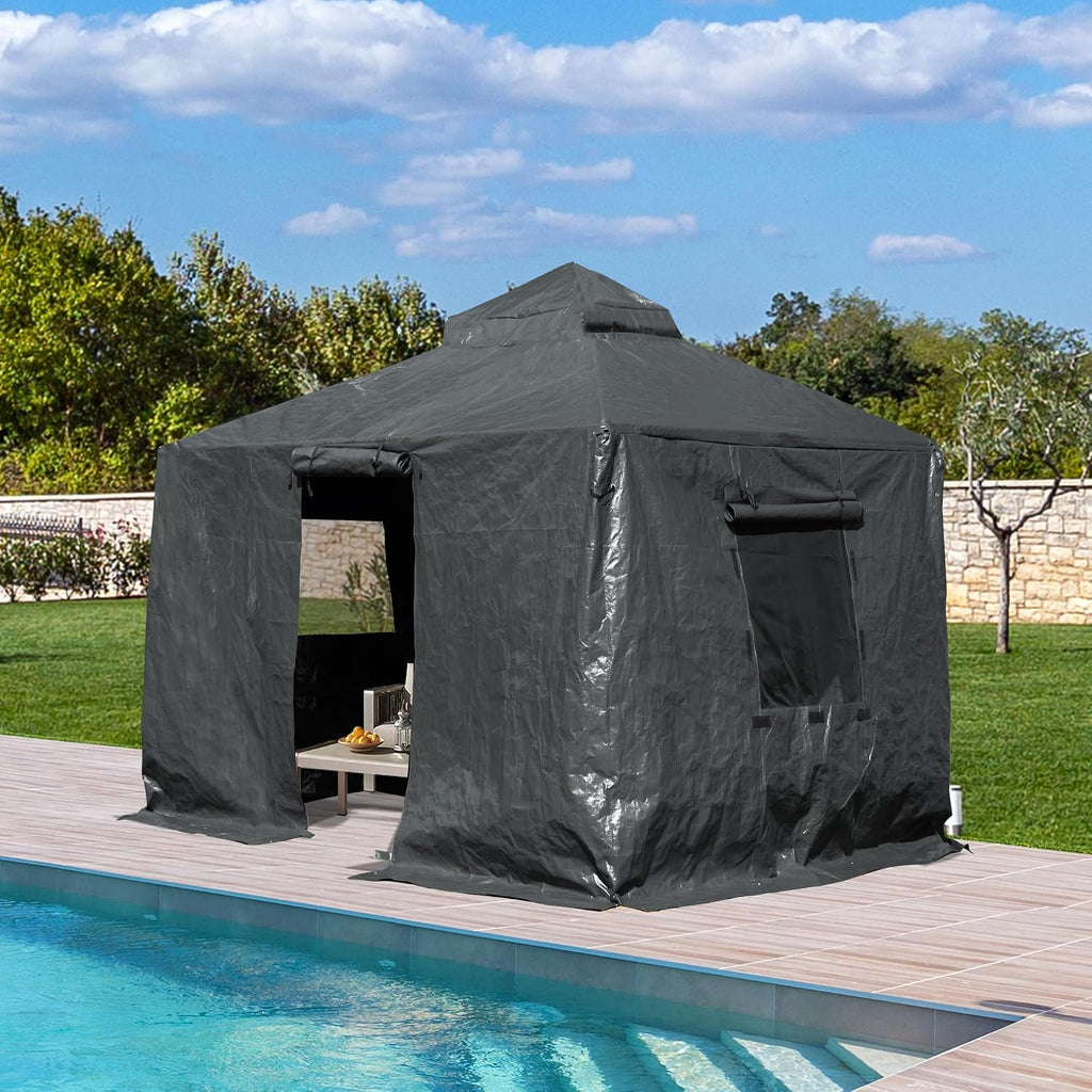 Domi 8' x 8' Winter Gazebo Cover, All Season Universal Waterproof Enclosed Cover with Sidewalls & Mesh Windows for Hardtop Gazebos, Heavy Duty All-Weather Outdoor Protection (Grey)