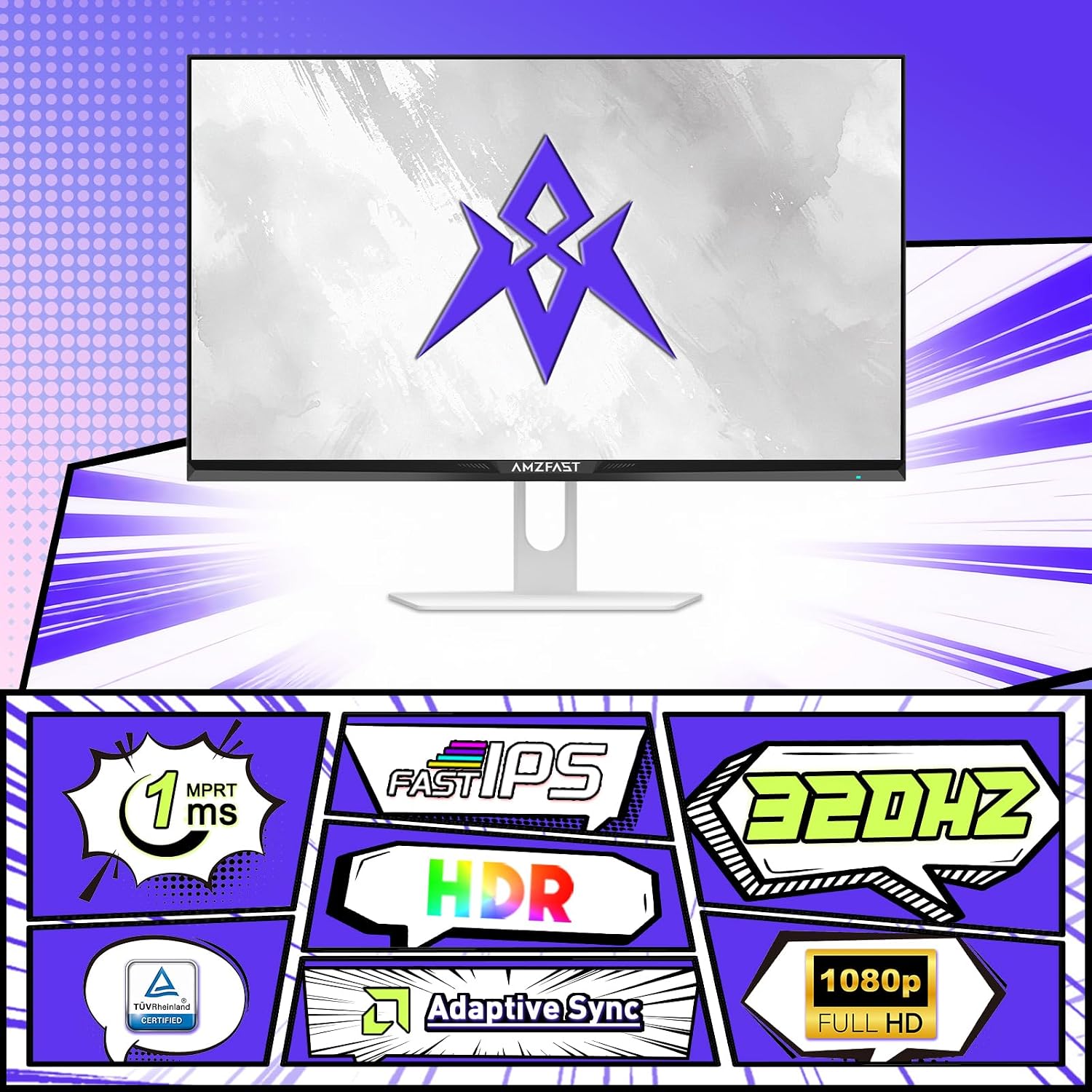Amzfast 25 Inch White Gaming Monitor 320Hz/300Hz/240Hz, FHD 1080P 1ms Fast IPS Monitor, 12 Months Warranty Exchange (DP Cable) TÜV Rheinland Eye Care | AI Crosshair, Night Vision Function