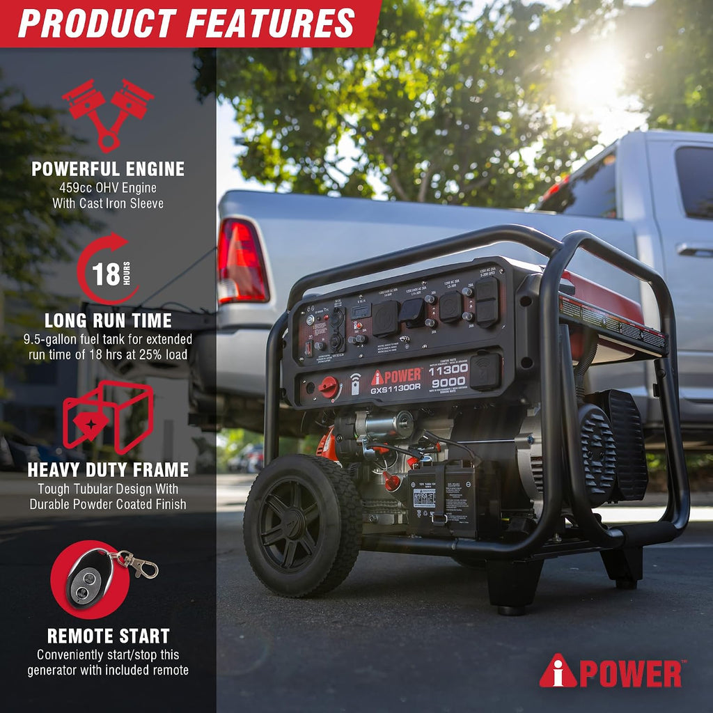 A-iPower 11300-Watt Remote Start Portable Generator Gas Powered, Heavy Duty Generators with 459cc OHV Engine forHome Use, Jobsite, Emergency, Power Outages (GXS11300R)