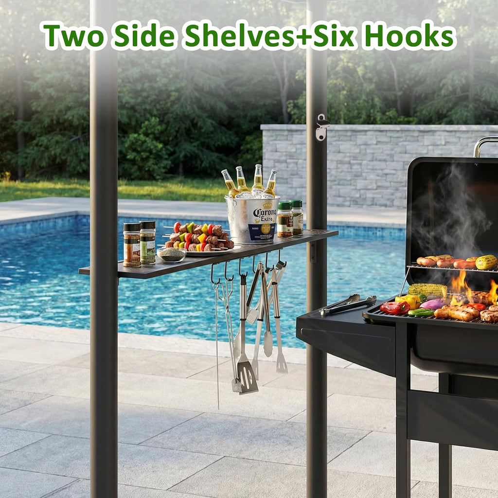 CHARMELEON 8x8 FT Grill Gazebo, Grill Canopy with Big Awning&2 Side Shelves&6 Hooks&Bottle Opener, Powder-Coated Steel BBQ Shelter for Patio Backyard Outdoor Grilling-Green