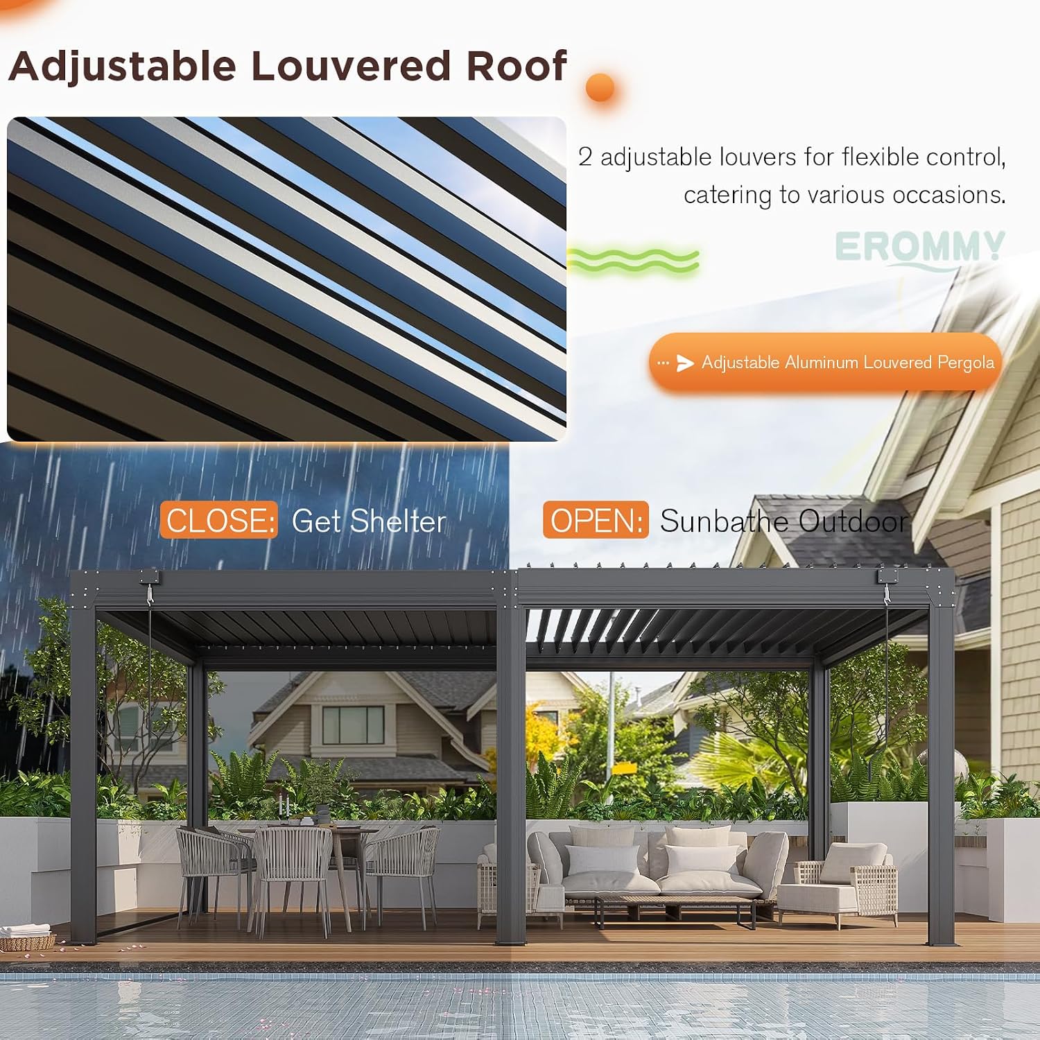 EROMMY 12x20 Louvered Pergola with Side Pull-Down Screen, Outdoor Aluminum Pergola with Thickened Frame and Adjustable Metal Rainproof Roof for Deck Patio Garden Yard, Black-Gray